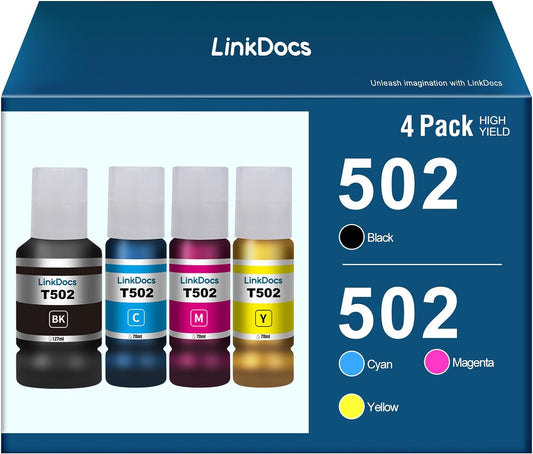 LinkDocs 502 Compatible Ink Bottles 4-Pack - Black, Cyan, Magenta, Yellow, designed for Epson EcoTank and Expression printers, ensuring vibrant and long-lasting prints.