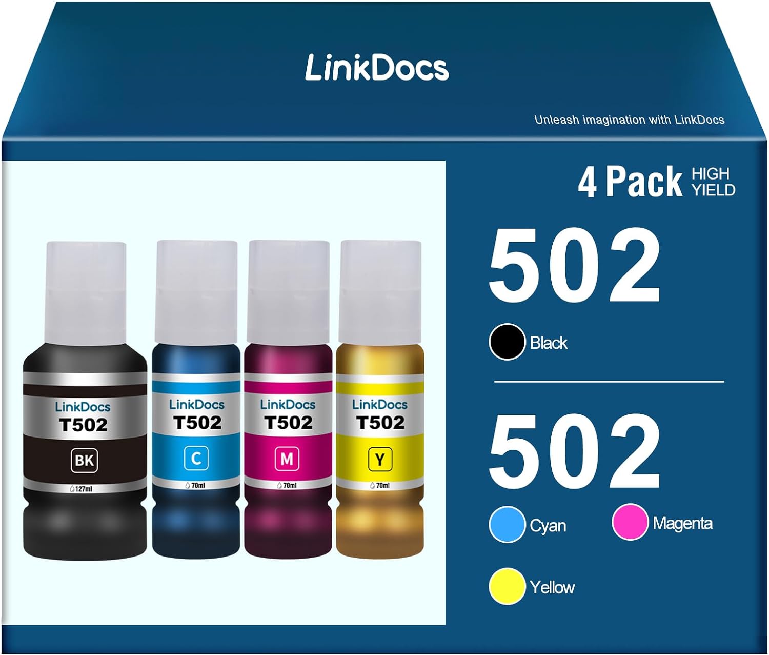 A set of four LinkDocs 502 Ink Refill Bottles in Black, Cyan, Magenta, and Yellow, designed for compatibility with Epson EcoTank printers.