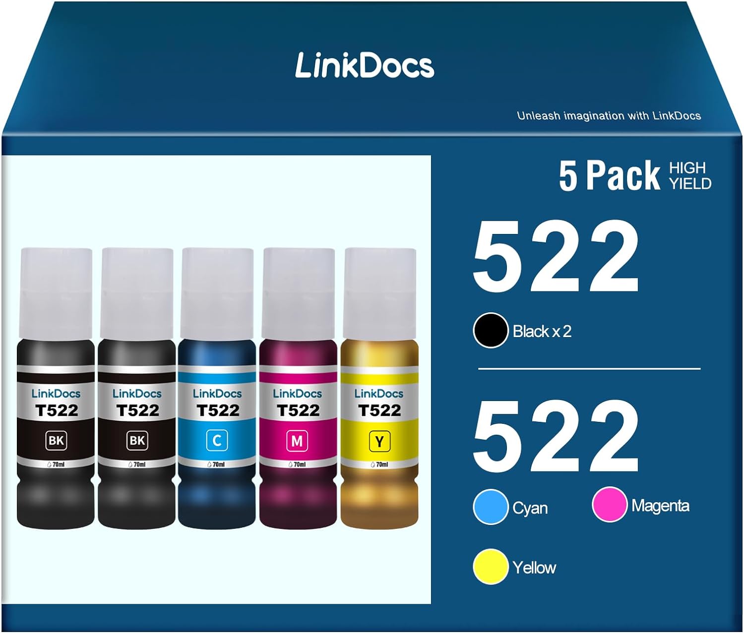 Pack of five LinkDocs 522 High Capacity Ink Bottles in Black, Cyan, Magenta, and Yellow, compatible with various Epson EcoTank printers.