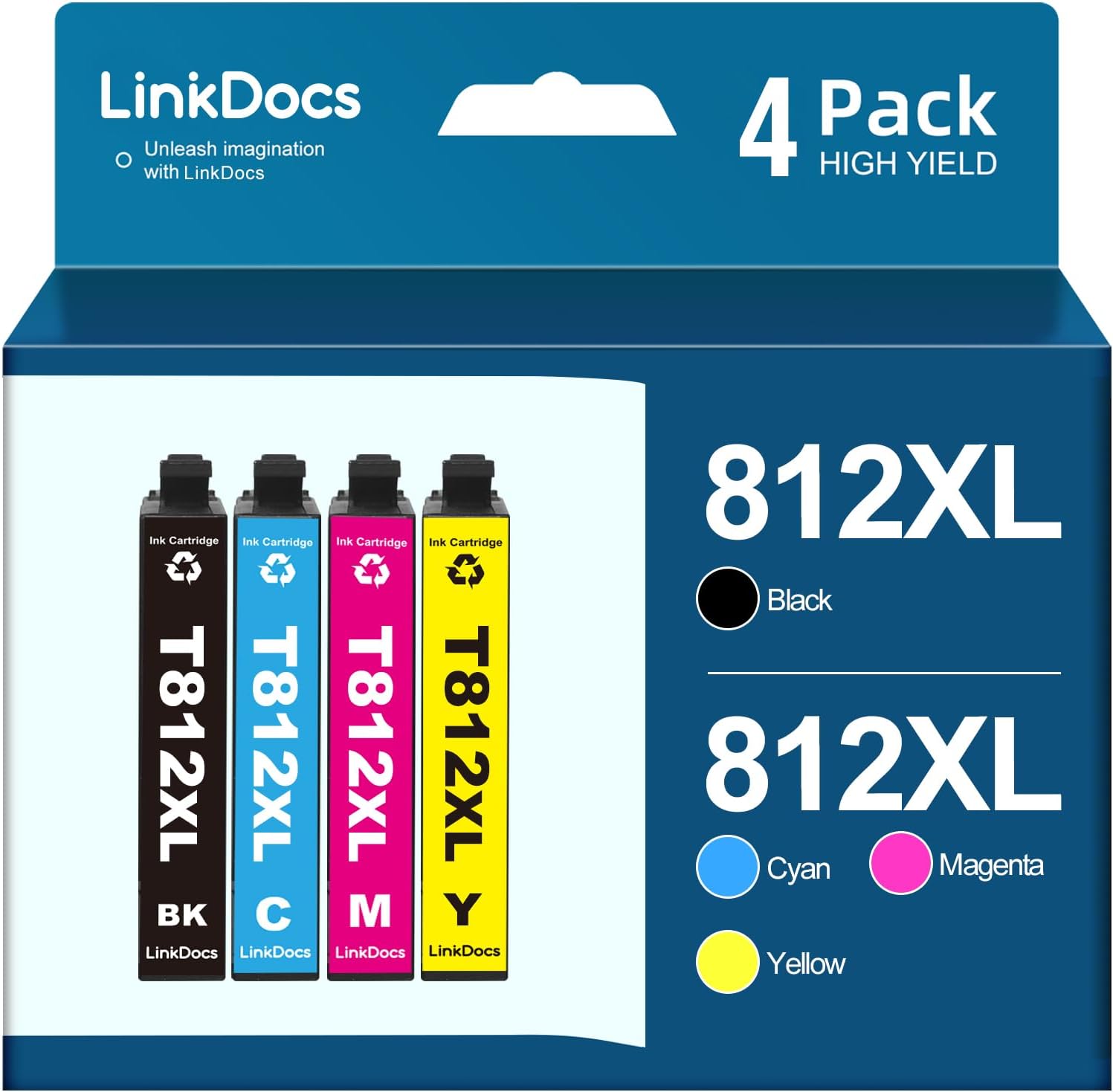 LinkDocs 812XL Remanufactured Ink Cartridges Combo Pack for Epson, including Black, Cyan, Magenta, Yellow.