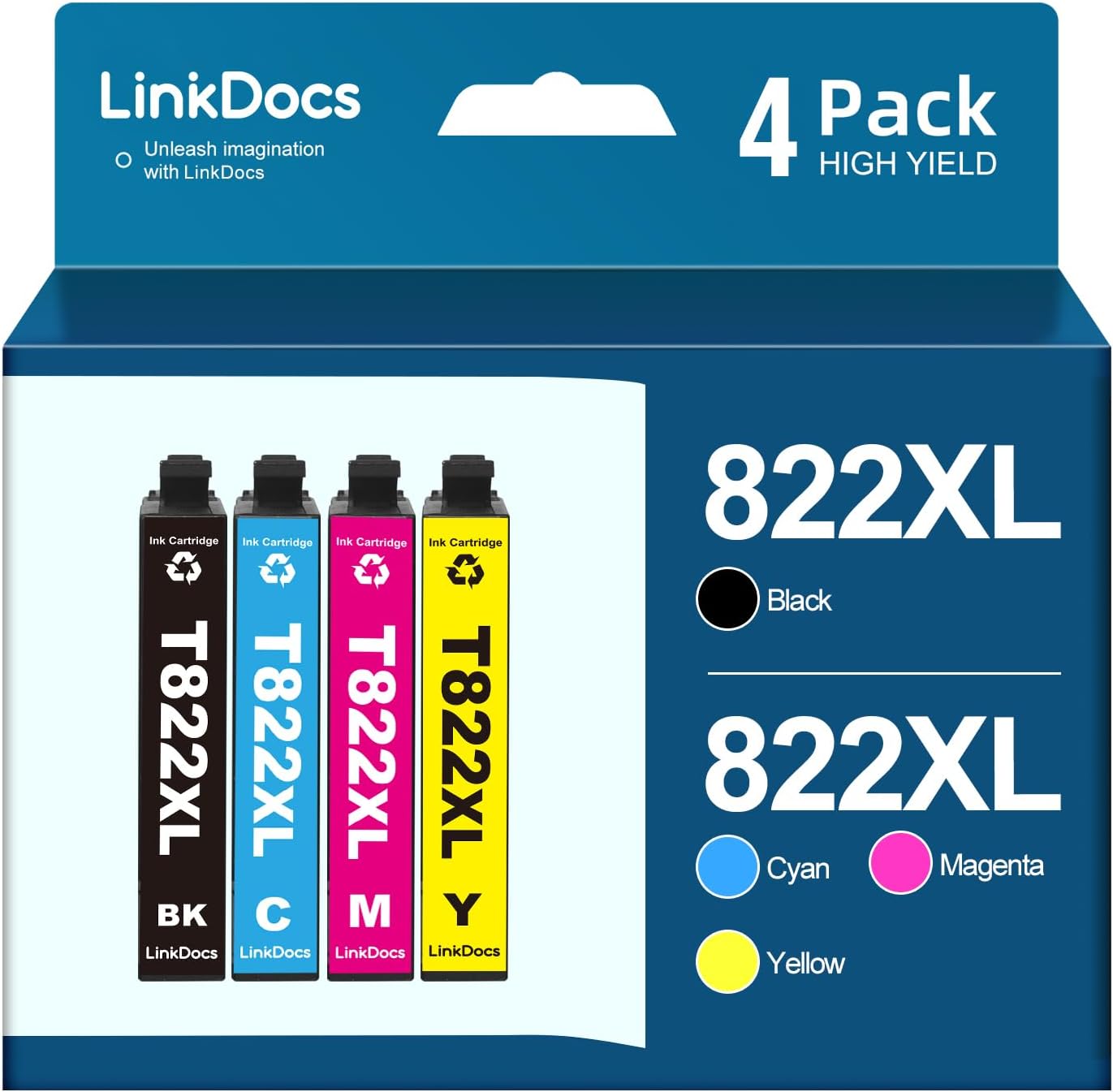 Pack of LinkDocs 822XL Remanufactured Ink Cartridges in Black, Cyan, Magenta, Yellow for Epson Printers.