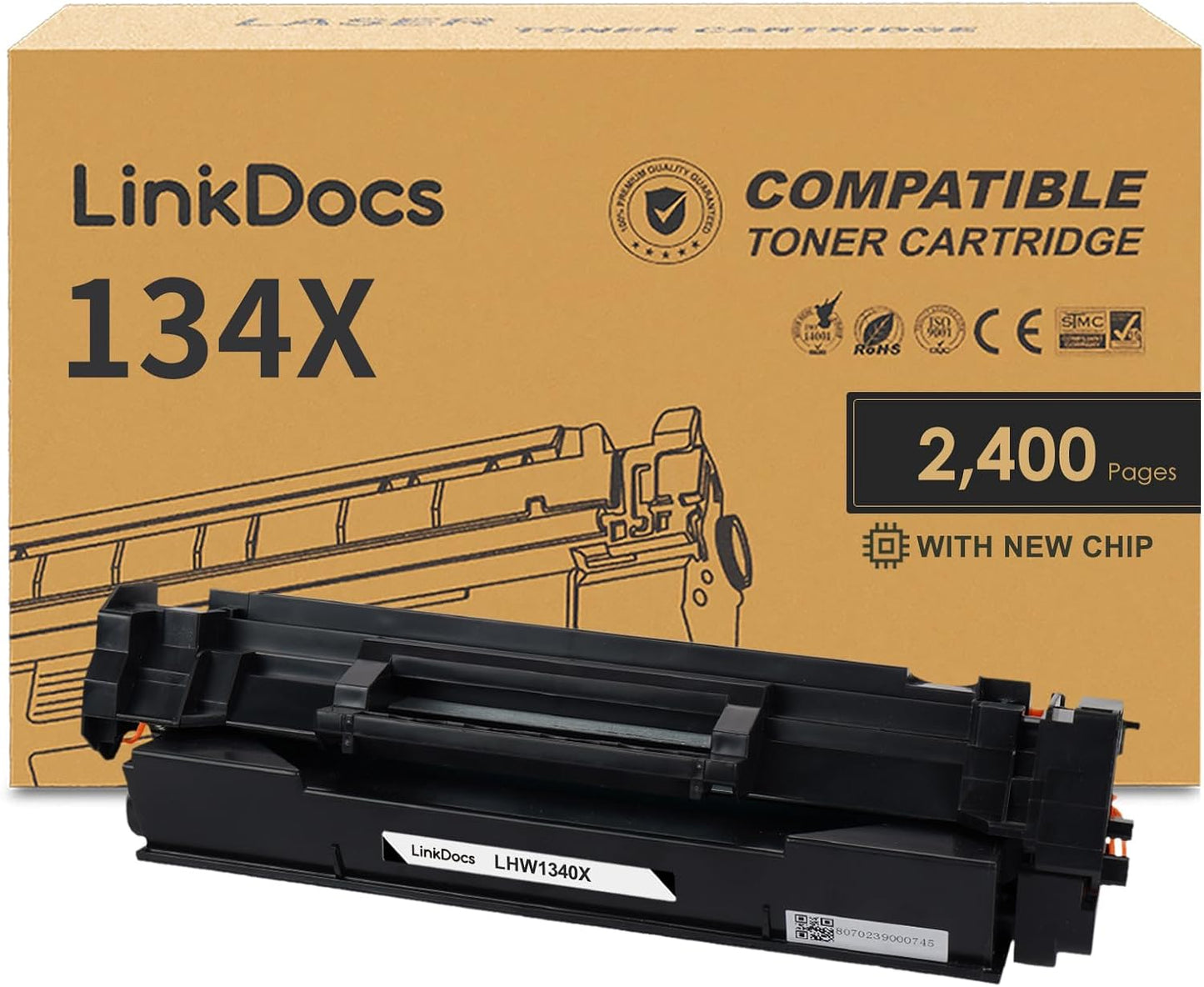 LinkDocs 134X black toner cartridge with new chip, compatible with HP LaserJet M209, M234 series printers, for high-quality printing.