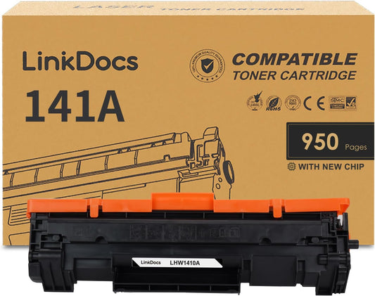 LinkDocs 141A black toner cartridge, compatible with HP LaserJet M110w, M139w, M140w, featuring a new chip for superior print quality and efficiency.