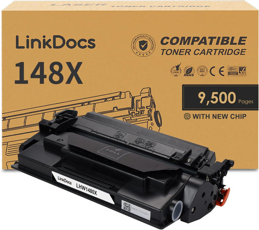 High-capacity LinkDocs 148X black toner cartridge with new chip, compatible with HP LaserJet Pro 4001 and 4101 series, ensuring premium print quality.