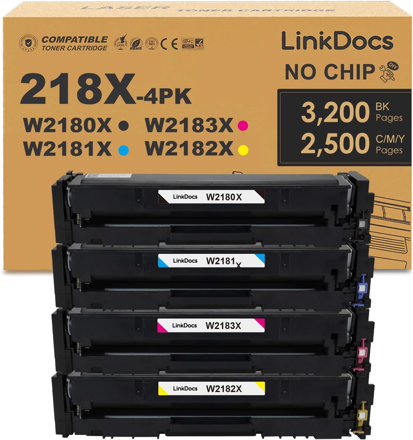 LinkDocs 218X Toner Cartridges 4-Pack Replacement for HP Color LaserJet Pro 3201DW, MFP 3301FDW, 3301SDW (Black, Cyan, Magenta, Yellow). Includes Black (3,200 pages) and Color (3x2,500 pages) cartridges. High-quality printing for professional documents.