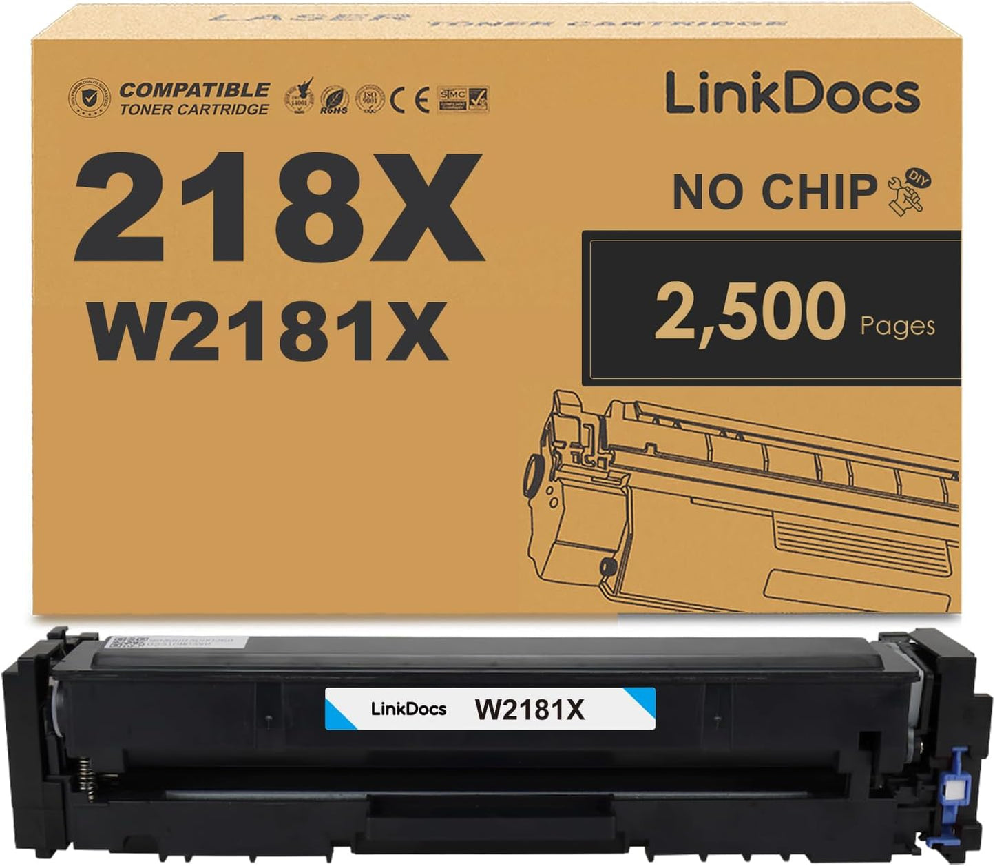 LinkDocs 218X Cyan Toner Cartridge Replacement for HP Color LaserJet Pro 3201DW, MFP 3301FDW, 3301SDW, 3301CDW. Includes 1 cartridge with 2,500 pages yield and a chip transfer tool. High-quality printing.