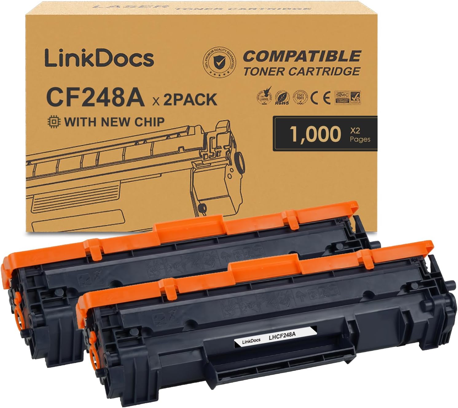 Two-pack of LinkDocs 48A CF248A Black Toner Cartridges, designed for compatibility with HP LaserJet Pro series printers, ensuring high-quality prints.