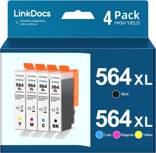 LinkDocs Compatible HP 564XL Ink Cartridges 4-Pack - Black, Cyan, Magenta, Yellow, for HP DeskJet, OfficeJet, PhotoSmart printers, ensuring high-quality, vibrant prints.