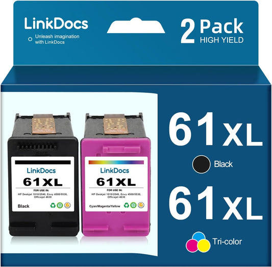 LinkDocs Remanufactured 61XL Ink Cartridges 2-Pack - 1 Black and 1 Tri-Color, compatible with HP DeskJet, ENVY, OfficeJet series for high-quality, vibrant printing.