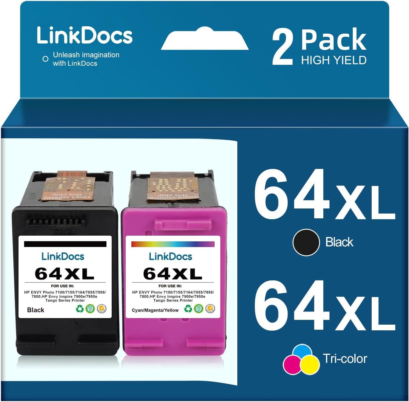 LinkDocs Remanufactured 64XL Ink Cartridges 2-Pack - Black and Color, compatible with HP ENVY Photo and Tango series, for high-quality, vibrant printing.