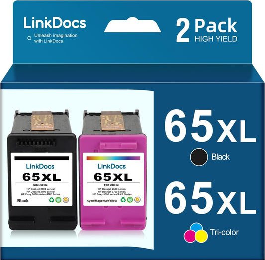 LinkDocs Remanufactured 65 65XL Ink Cartridges Combo Pack - 1 Black and 1 Color, compatible with HP AMP, DeskJet, and ENVY series, offering crisp and vibrant printing.