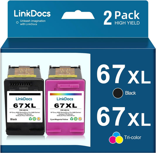 LinkDocs Remanufactured 67XL Black and Tri-Color Ink Cartridges for HP Printers