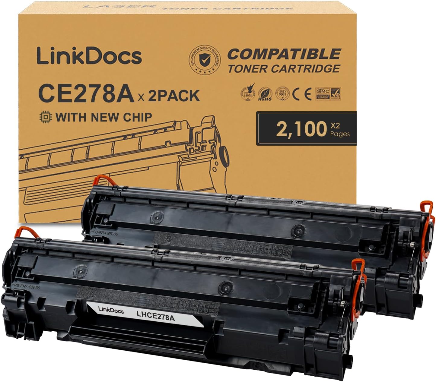 Two-pack of LinkDocs 78A CE278A Black Toner Cartridges, compatible with HP LaserJet P1606dn, M1536dnf, and other models, designed for high-quality printing.