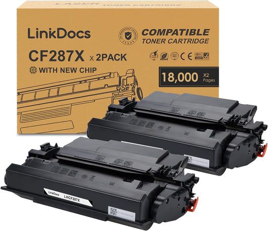 Two-pack of LinkDocs 87X High Yield Black Toner Cartridges, compatible with HP Enterprise M506 and LaserJet Pro M501 series, designed for efficient, professional-quality printing.