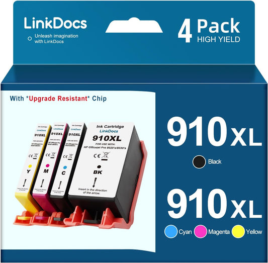 LinkDocs Remanufactured 910XL Ink Cartridges 4-Pack - Black, Cyan, Magenta, Yellow, for HP OfficeJet Pro 8025, 8035, with Upgrade Resistant Chip.