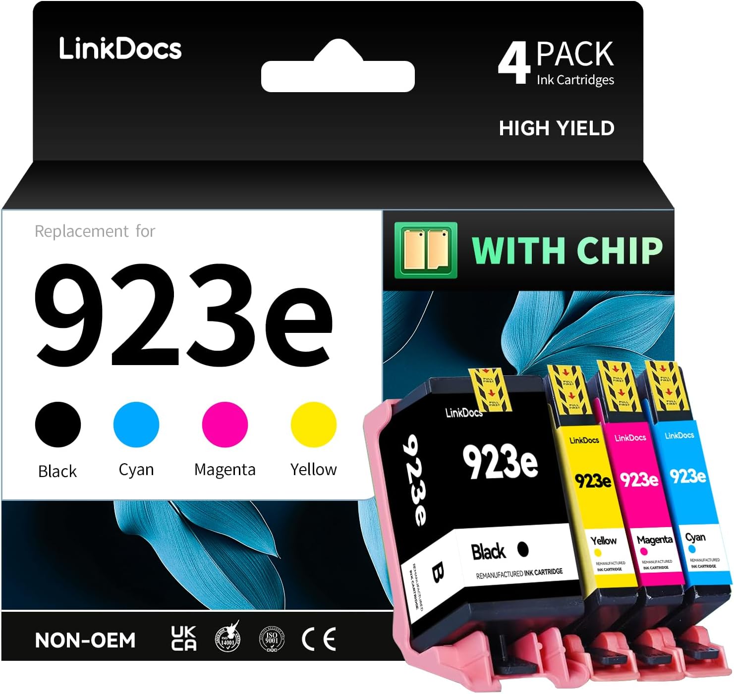 LinkDocs 923e 4-Pack Ink Cartridges - Black, Cyan, Magenta, Yellow - Replacement for HP OfficeJet Pro 8120 8123 8130 8133
