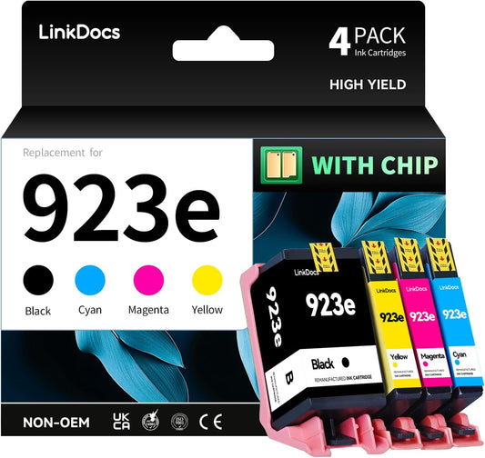 LinkDocs 923e 4-Pack Ink Cartridges - Black, Cyan, Magenta, Yellow - Replacement for HP OfficeJet Pro 8120 8123 8130 8133
