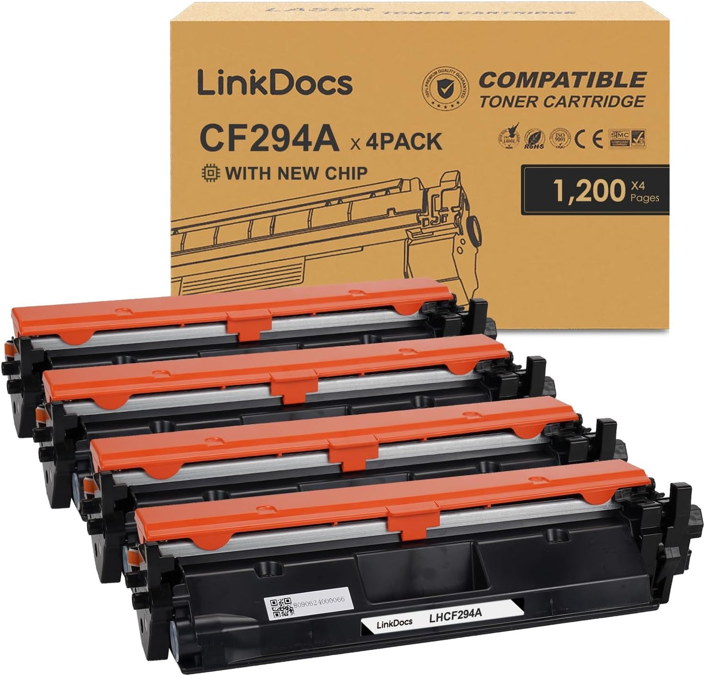 Four-pack of LinkDocs 94A CF294A Black Toner Cartridges, designed for use with HP LaserJet Pro M118dw, M148dw, and M148fdw, ensuring crisp and clear print quality.