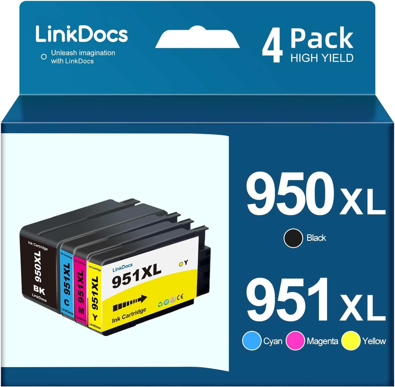 LinkDocs Compatible 950XL 951XL Ink Cartridges 4-Pack - Black, Cyan, Magenta, Yellow for HP OfficeJet Pro 8600 series, ensuring crisp texts and vivid colors.