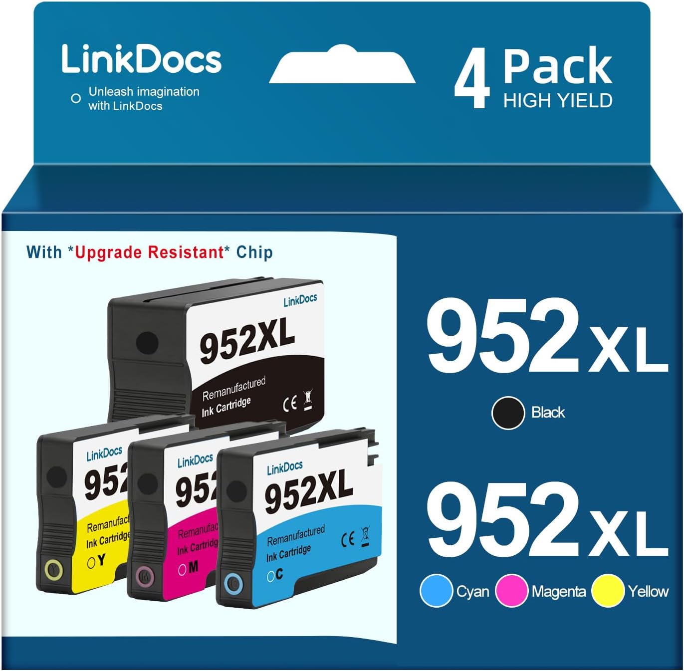 LinkDocs Remanufactured 952 952XL Ink Cartridges 4-Pack - Black, Cyan, Magenta, Yellow, designed for HP OfficeJet Pro 7740, 8210 series with Upgrade Resistant Chip.