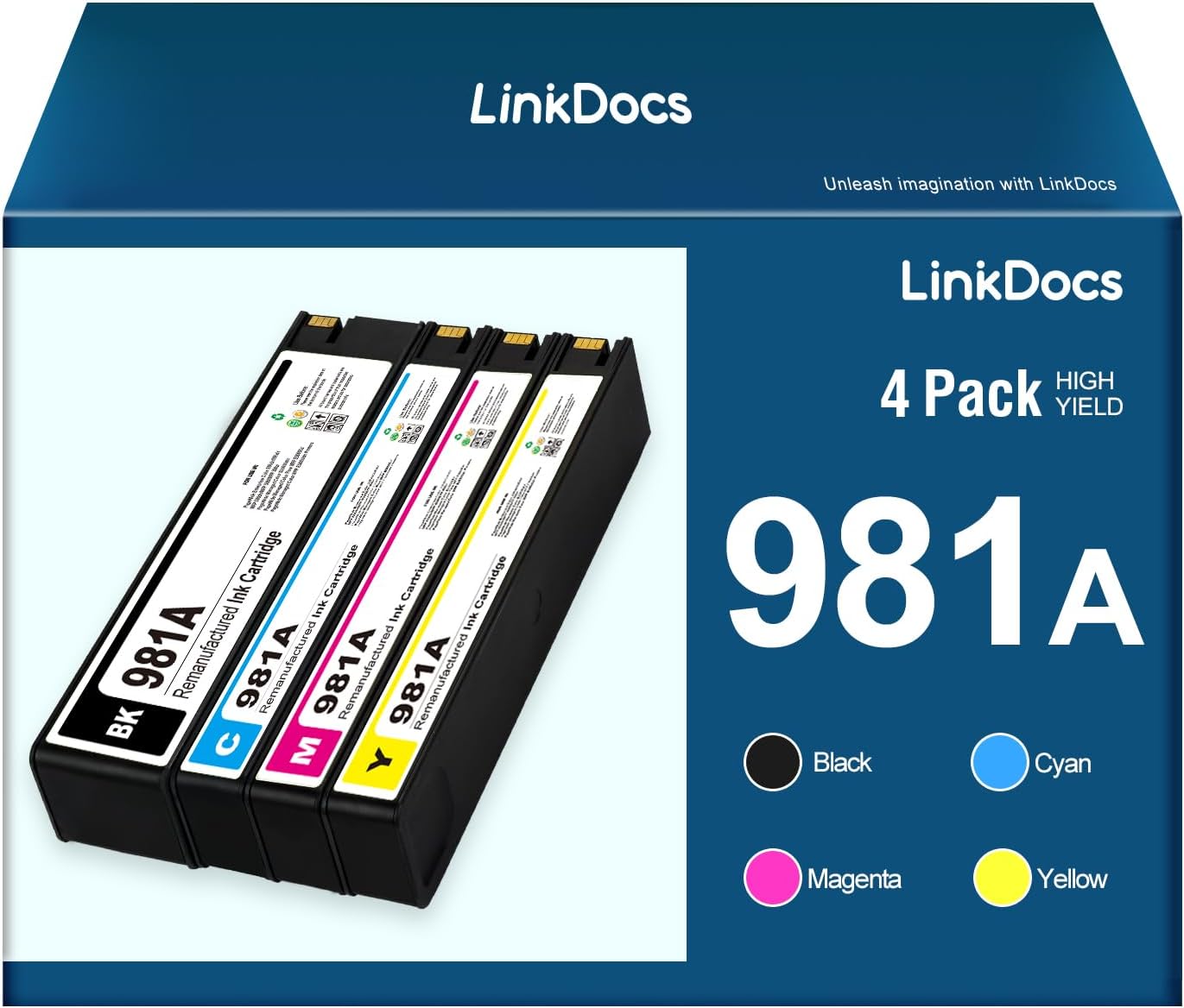 LinkDocs HP 981A remanufactured ink cartridges pack for HP PageWide, featuring black, cyan, magenta, and yellow inks.