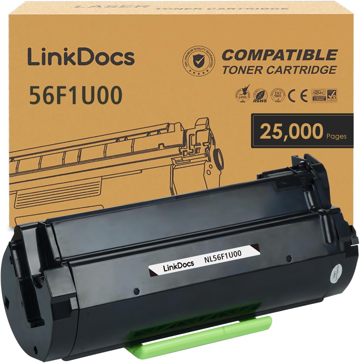 LinkDocs Compatible Lexmark 56F1U00 Black Laser Toner Cartridge, 25,000-page yield, suitable for multiple Lexmark printer models.